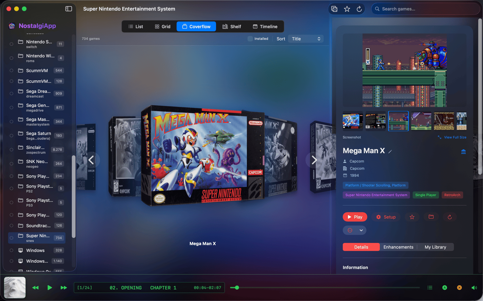 NostalgiApp dynamic backgrounds and platform accent colours — Mega Man X on SNES with a red accent on Mac