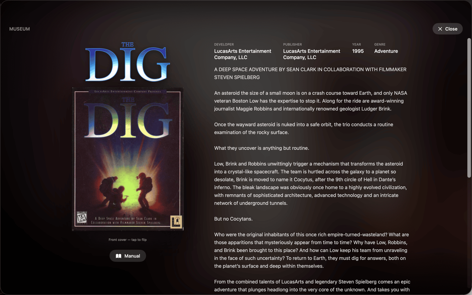 NostalgiApp Museum Mode — full-screen game exhibit with box art, screenshots and soundtrack on Mac