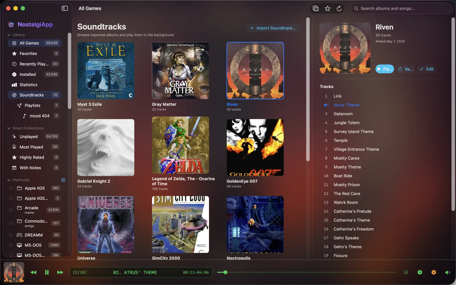 NostalgiApp built-in music player — launchbox mac alternative with game soundtracks