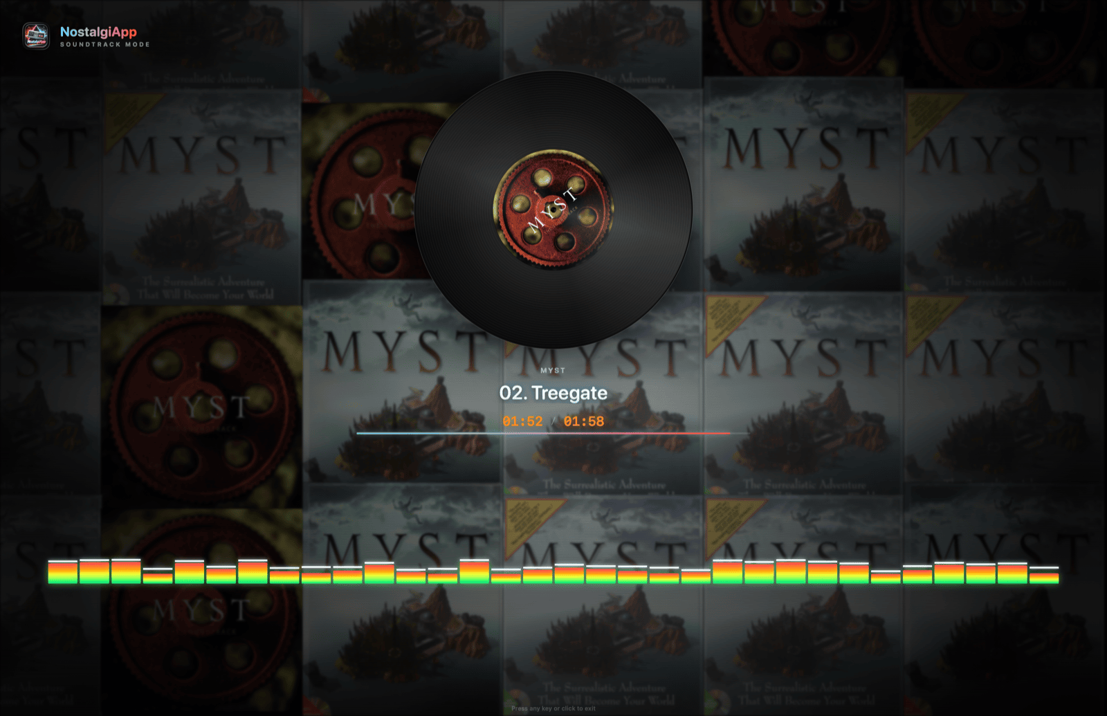 NostalgiApp soundtrack screensaver — album-art mosaic, vinyl record and audio visualizer on Mac