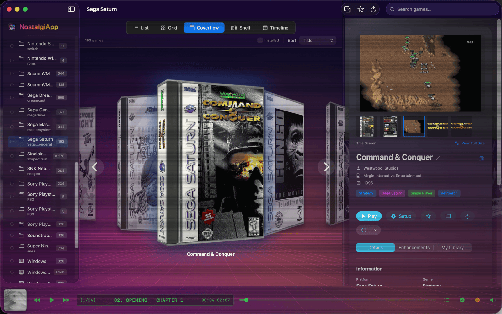 NostalgiApp Synthwave '84 theme — retro game launcher for Mac in coverflow view with CRT scanlines